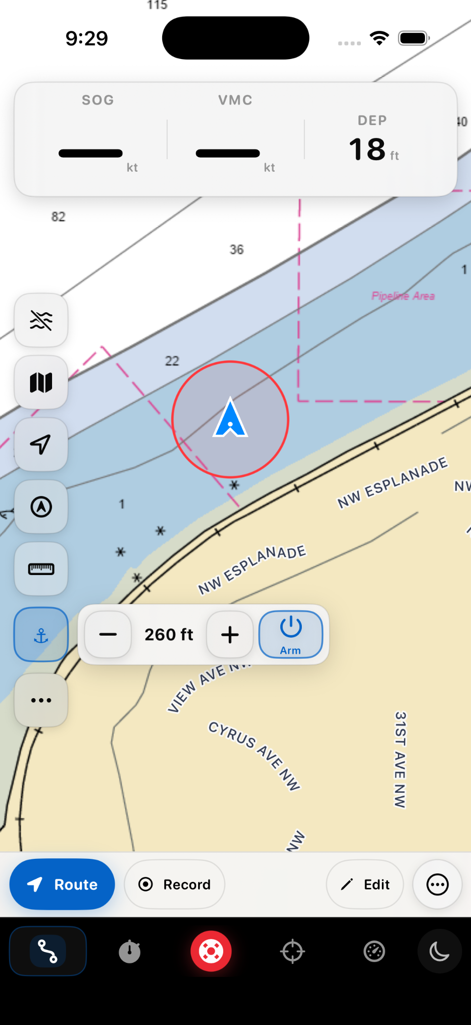 Mojo Sailing anchor watch chart view and radius controls