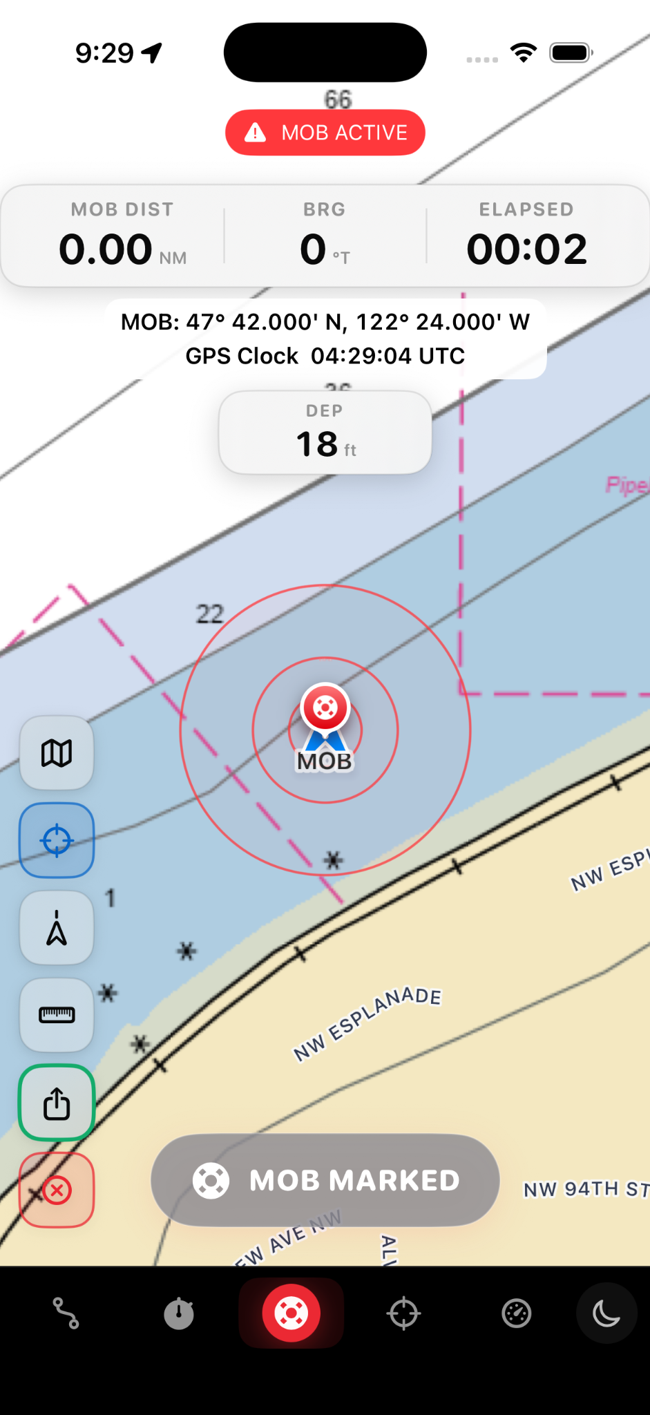 Mojo Sailing MOB active navigation screen