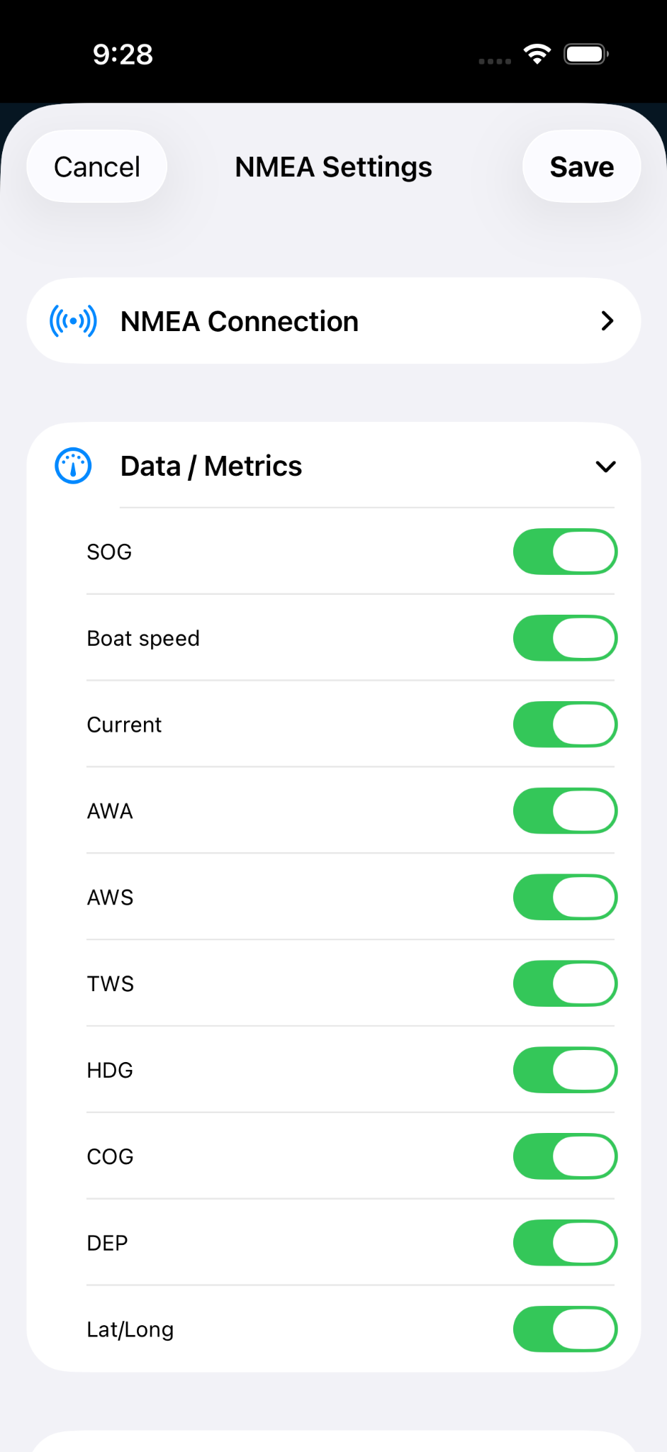 Mojo Sailing configurable NMEA data metrics