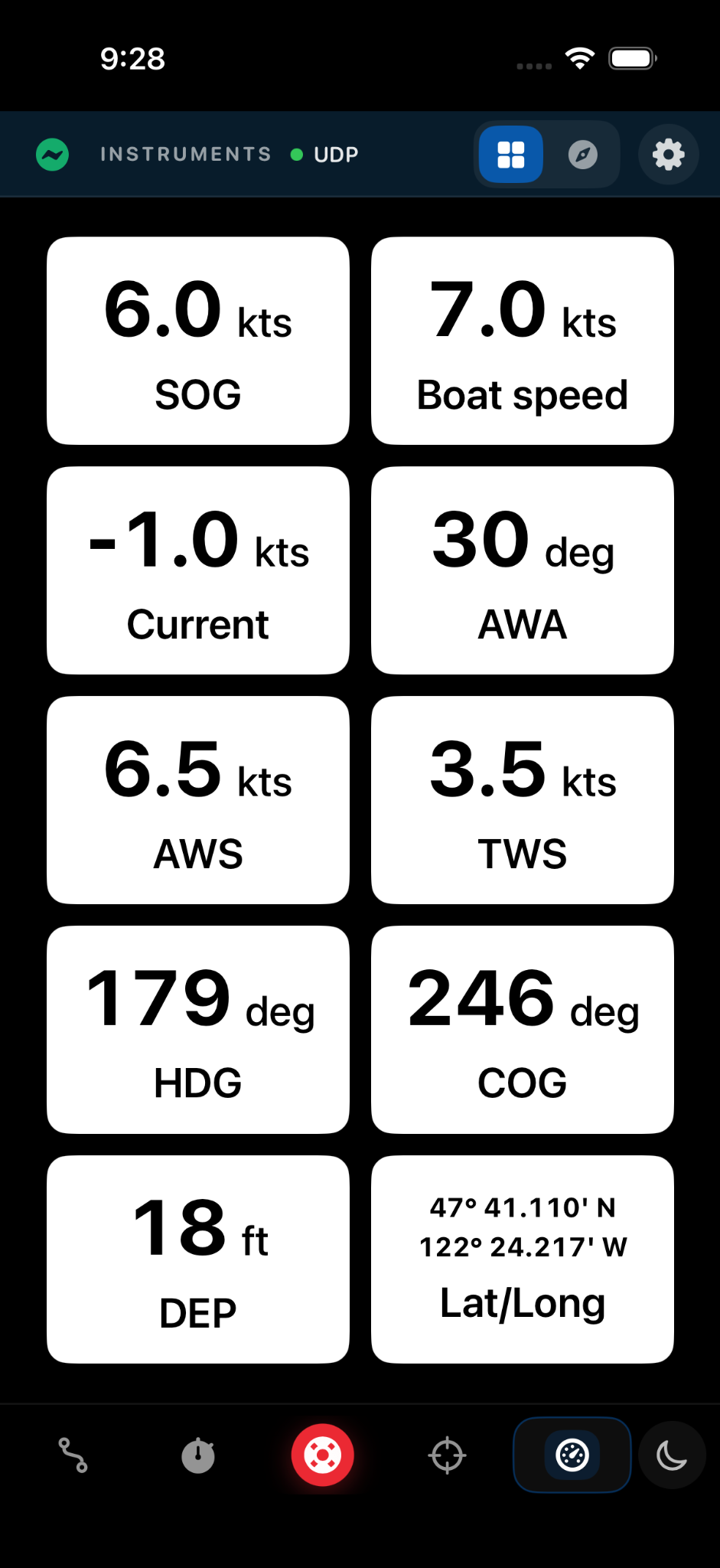 Mojo Sailing instruments showing live NMEA speed, wind, heading and GPS coordinates