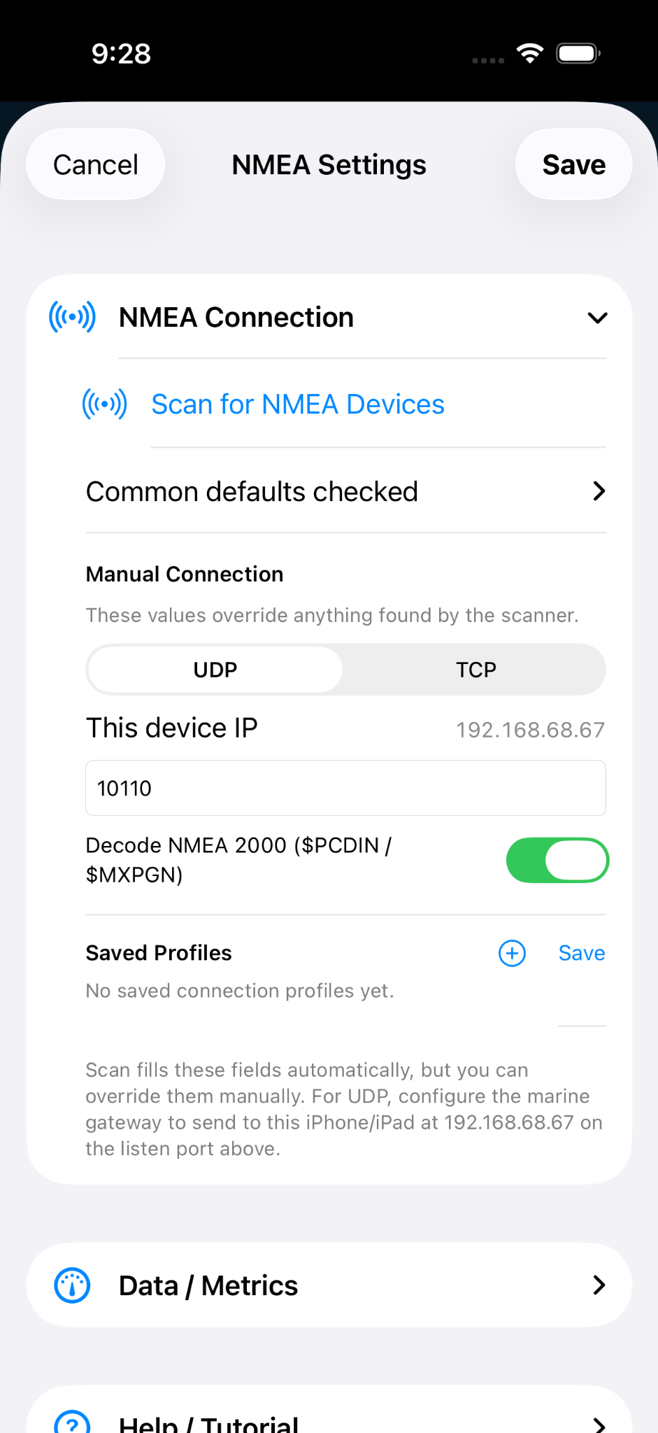 NMEA device setup menu