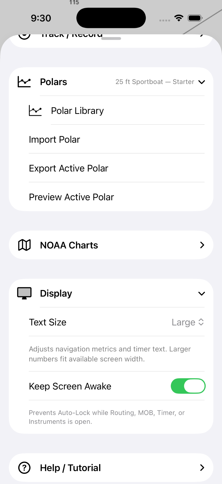 Mojo Sailing polar library and controls