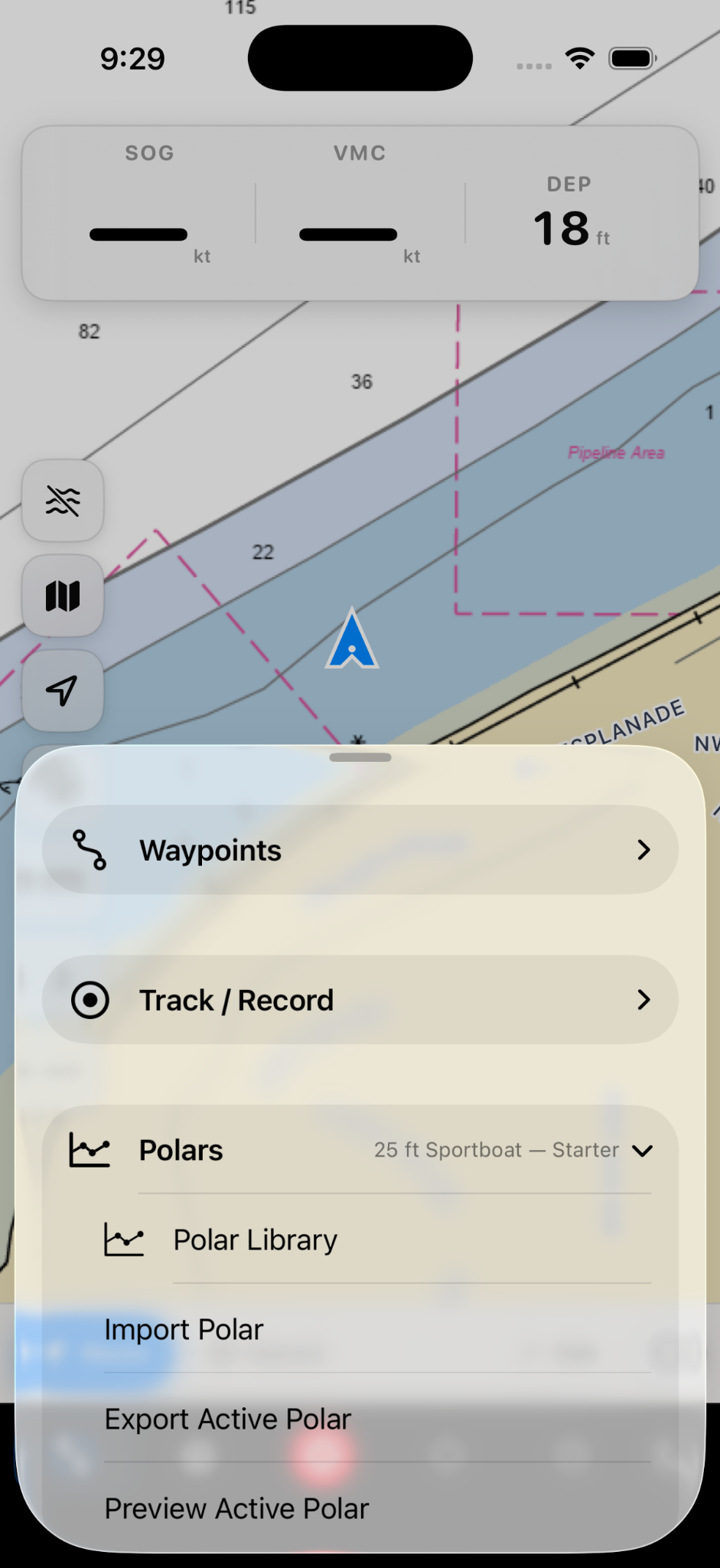 Mojo Sailing routing menu with polars